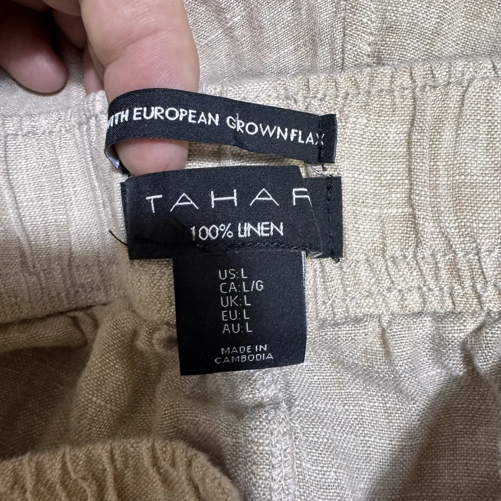 Tahari Linen Pants Mens L Wide Leg Beige European Flax Elastic Waist EUC